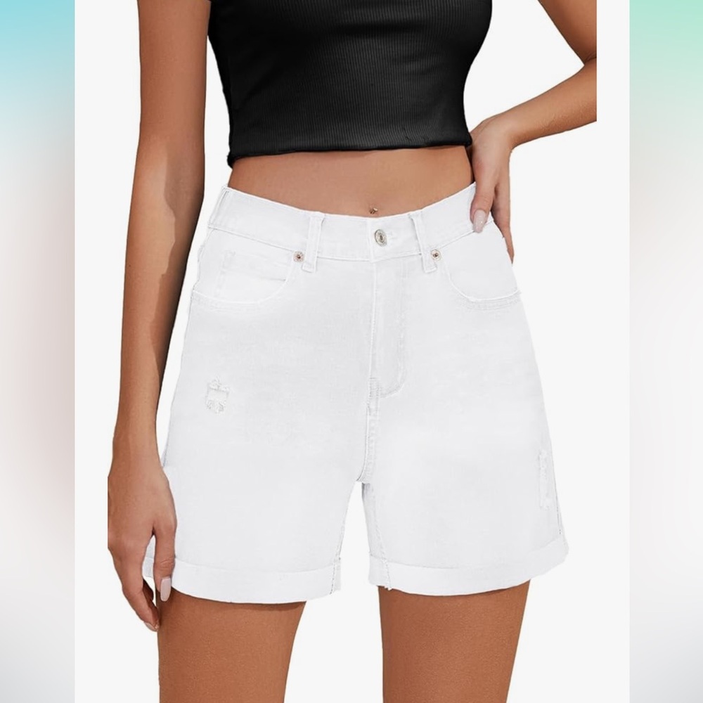 Metietila White Lightweight Denim Cuffed Shorts